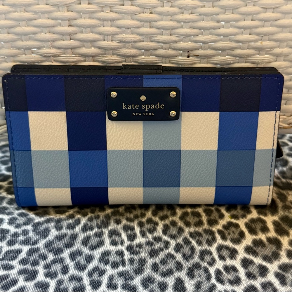 Kate Spade New York Stacy Grove Street Laether Blue Pacific Gingham Wallet - Picture 2 of 11